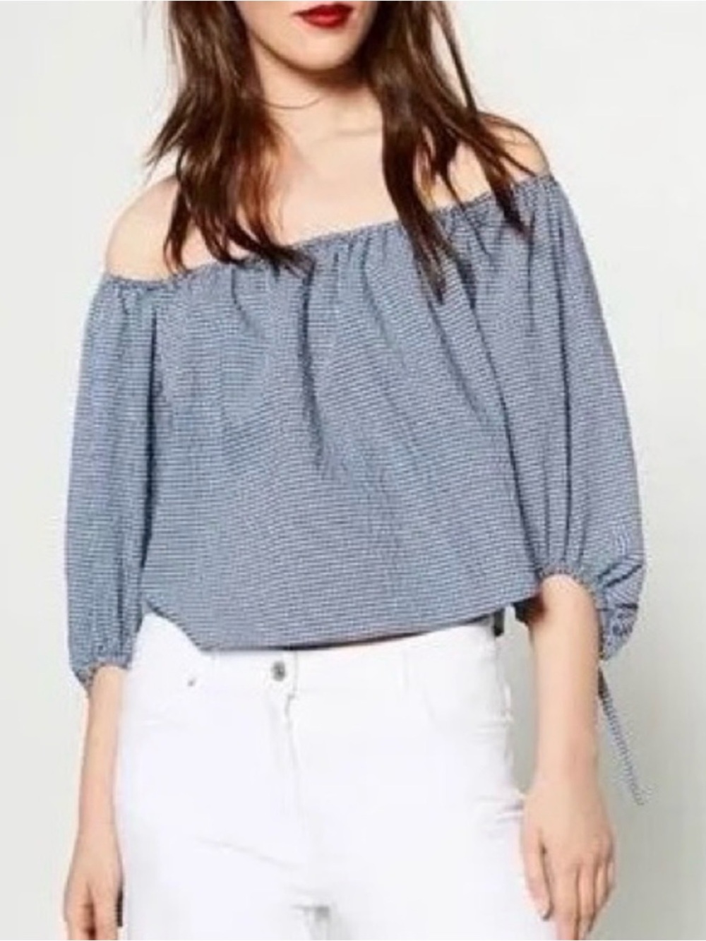 Zara Navy Blue Gingham Off Shoulder Boho Peasant Crop Top Size L